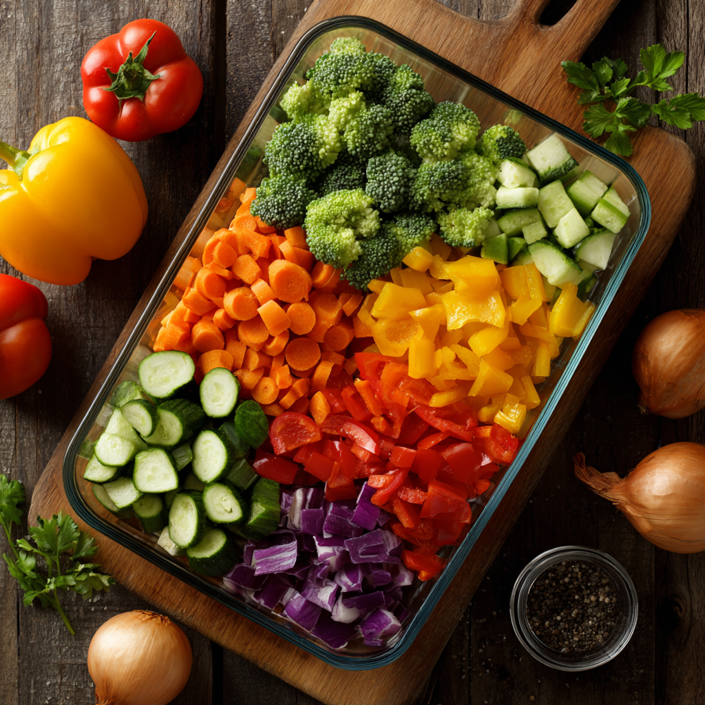 healthy meal preparation with colorful vegetables for mature adults