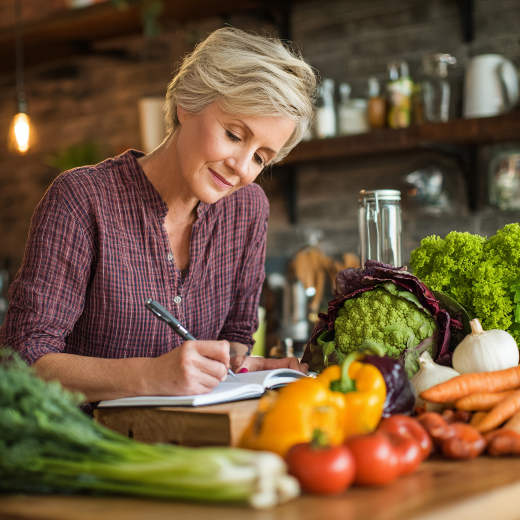 middle-aged woman planning healthy meals with fresh vegetables
